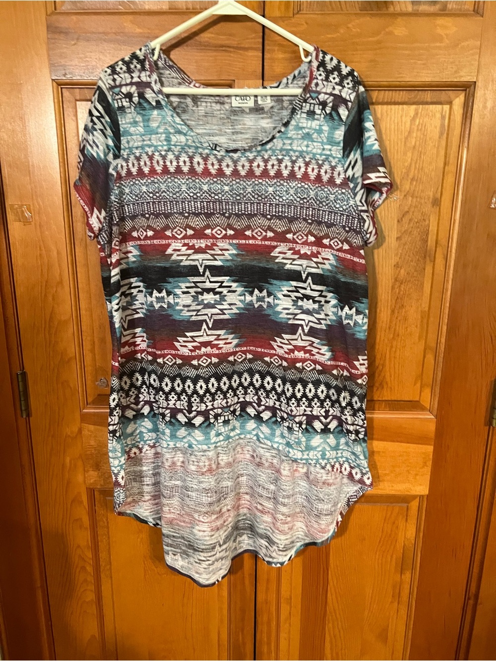 Cato Aztec Print Short Sleeve Tunic in Teal, Maroon and Black